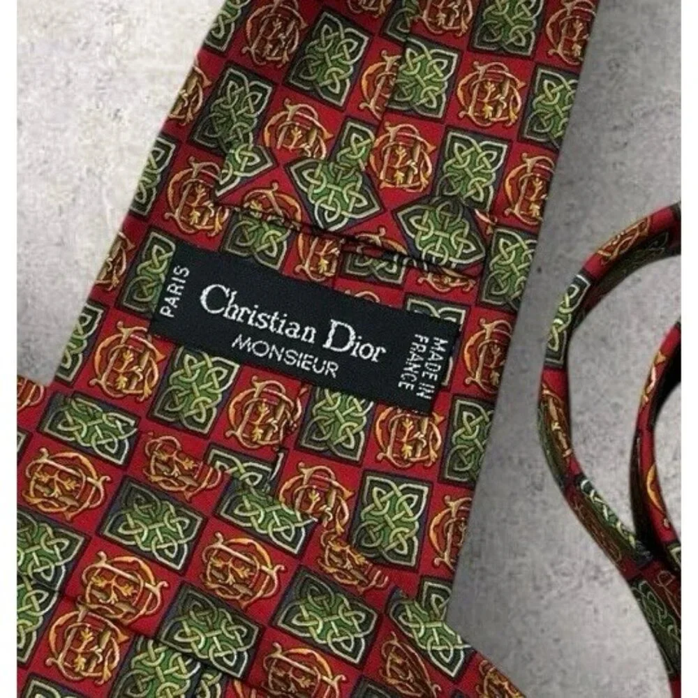 CHRISTIAN DIOR Silk Tie FRANCE Red Gold Monogram CD Baroque W:3.8" EUC - Picture 2 of 7